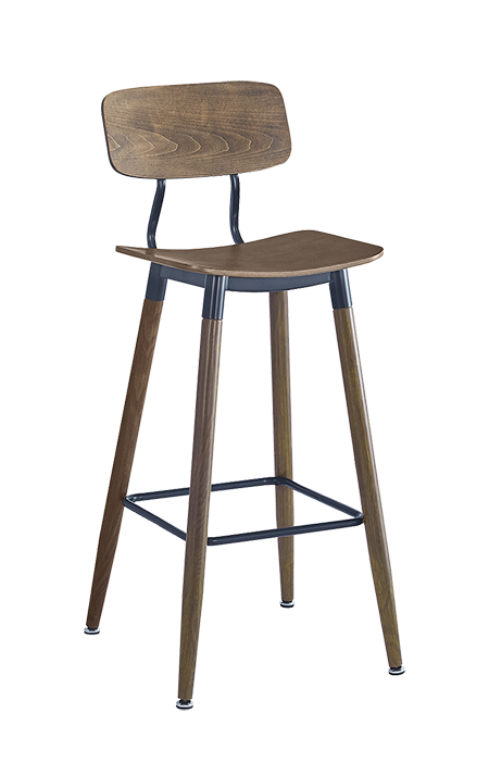 Wood Grain Steel Barstool in Light Walnut Finish w/ Veneer Seat & Back