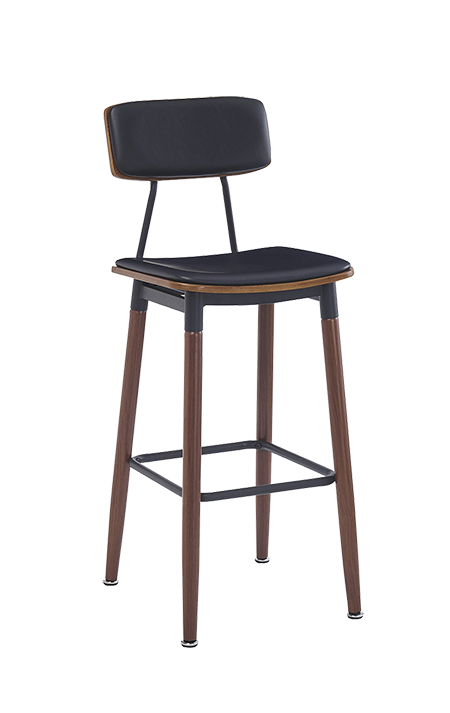 Wood Grain Steel Barstool in Brown Finish w/ Black Vinyl Seat & Back