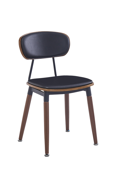 Wood Grain Steel Chair in Brown Finish w/ Black Vinyl Seat & Back
