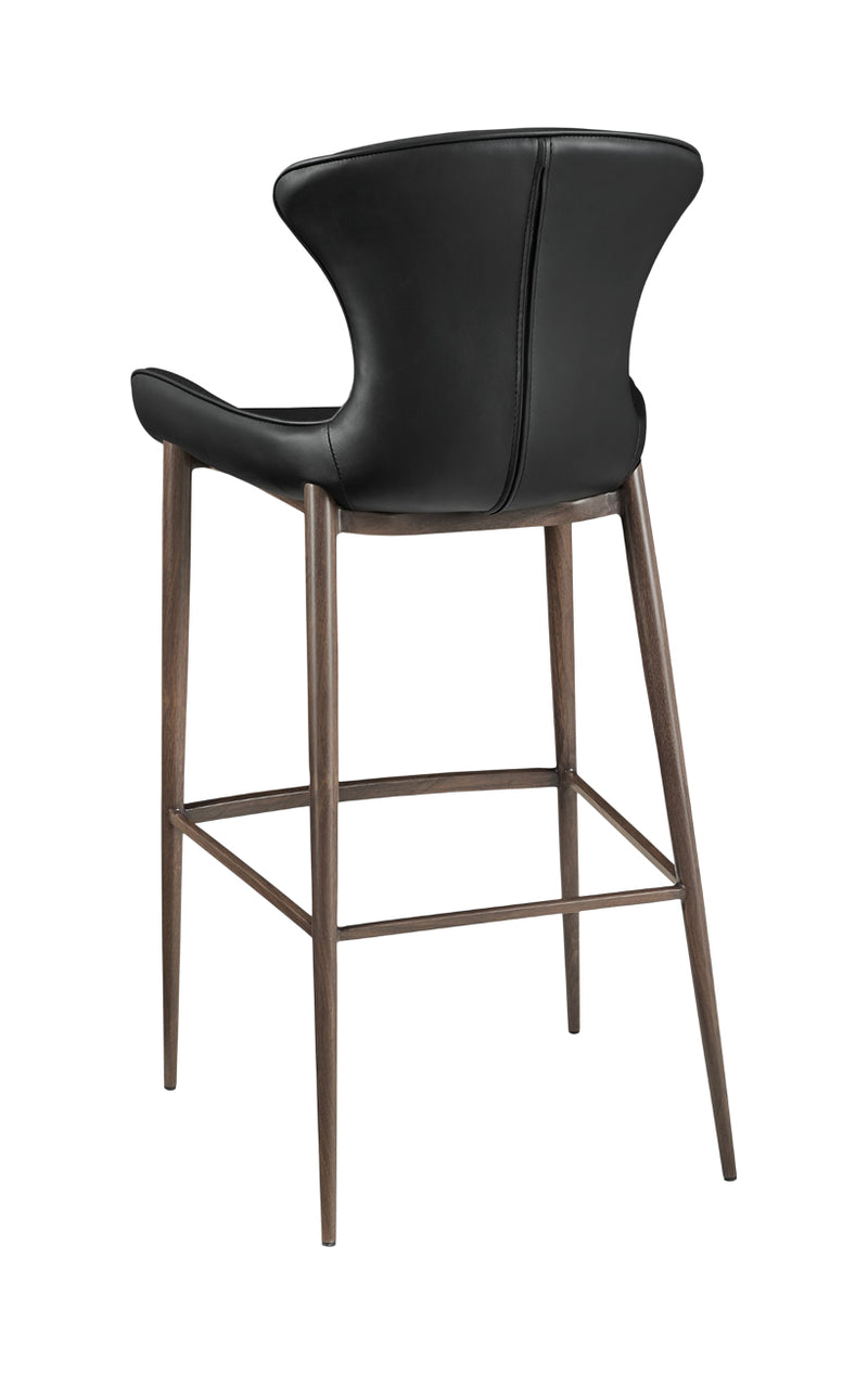 Minimalist Metal Barstool with Black Vinyl Seat and Carbon Fiber Style Backrest for Indoor Use
