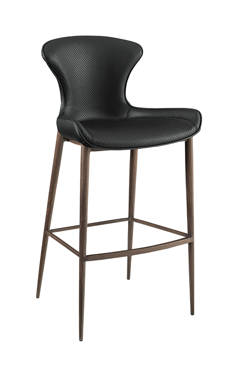 Minimalist Metal Barstool with Black Vinyl Seat and Carbon Fiber Style Backrest for Indoor Use