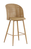 Indoor Metal Barstool with Plastic Rattan Back and Tan Cushion