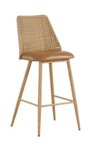 Indoor Metal Barstool with Angled Plastic Rattan Back and Tan Vinyl Seat