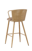 Indoor Metal Barstool with Curved Plastic Rattan Back and Open Side, Tan Vinyl Seat