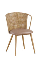 Indoor Metal Chair with Curved Plastic Rattan Back and Open Side, Tan Vinyl Seat