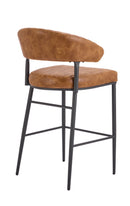 Camel Brown Vinyl Upholstered Indoor Barstool with Black Metal Frame and Ribbed Seat Design