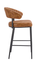 Camel Brown Vinyl Upholstered Indoor Barstool with Black Metal Frame and Ribbed Seat Design