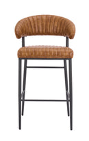 Camel Brown Vinyl Upholstered Indoor Barstool with Black Metal Frame and Ribbed Seat Design