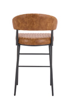 Camel Brown Vinyl Upholstered Indoor Barstool with Black Metal Frame and Ribbed Seat Design