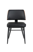 Indoor Black Upholstered Dining Chair with Walnut Veneer Outer Back and Black Metal Frame