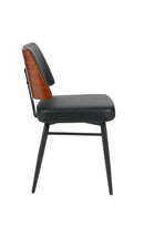 Indoor Black Upholstered Dining Chair with Walnut Veneer Outer Back and Black Metal Frame