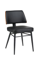Indoor Black Upholstered Dining Chair with Walnut Veneer Outer Back and Black Metal Frame