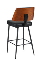 Indoor Black Upholstered Barstool with Walnut Veneer Outer Back and Black Metal Frame