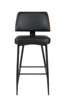Indoor Black Upholstered Barstool with Walnut Veneer Outer Back and Black Metal Frame