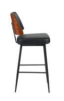 Indoor Black Upholstered Barstool with Walnut Veneer Outer Back and Black Metal Frame