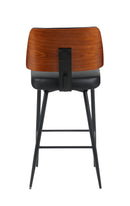 Indoor Black Upholstered Barstool with Walnut Veneer Outer Back and Black Metal Frame