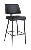 Indoor Black Upholstered Barstool with Walnut Veneer Outer Back and Black Metal Frame