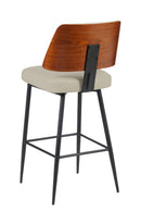 Indoor Cream Upholstered Dining Barstool with Walnut Veneer Outer Back and Black Metal Frame