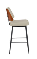 Indoor Cream Upholstered Dining Barstool with Walnut Veneer Outer Back and Black Metal Frame