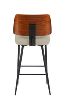 Indoor Cream Upholstered Dining Barstool with Walnut Veneer Outer Back and Black Metal Frame