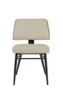 Indoor Cream Upholstered Dining Chair with Walnut Veneer Outer Back and Black Metal Frame