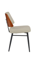 Indoor Cream Upholstered Dining Chair with Walnut Veneer Outer Back and Black Metal Frame
