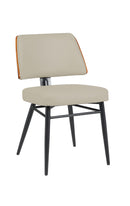 Indoor Cream Upholstered Dining Chair with Walnut Veneer Outer Back and Black Metal Frame