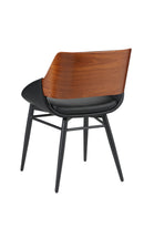 Indoor Black Vinyl Dining Armchair with Button-Tufted Back and Walnut Veneer Outer Back, Black Metal Frame