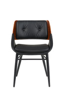 Indoor Black Vinyl Dining Armchair with Button-Tufted Back and Walnut Veneer Outer Back, Black Metal Frame