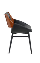 Indoor Black Vinyl Dining Armchair with Button-Tufted Back and Walnut Veneer Outer Back, Black Metal Frame