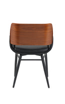 Indoor Black Vinyl Dining Armchair with Button-Tufted Back and Walnut Veneer Outer Back, Black Metal Frame