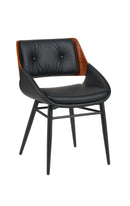 Indoor Black Vinyl Dining Armchair with Button-Tufted Back and Walnut Veneer Outer Back, Black Metal Frame