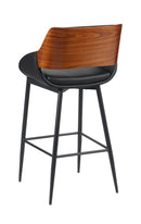 Indoor Black Vinyl Armed Barstool with Button-Tufted Back and Walnut Veneer Outer Back, Black Metal Frame