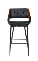 Indoor Black Vinyl Armed Barstool with Button-Tufted Back and Walnut Veneer Outer Back, Black Metal Frame