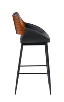 Indoor Black Vinyl Armed Barstool with Button-Tufted Back and Walnut Veneer Outer Back, Black Metal Frame