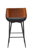 Indoor Black Vinyl Armed Barstool with Button-Tufted Back and Walnut Veneer Outer Back, Black Metal Frame