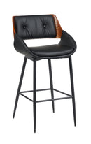 Indoor Black Vinyl Armed Barstool with Button-Tufted Back and Walnut Veneer Outer Back, Black Metal Frame
