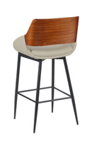Indoor Cream Vinyl Armed Barstool with Button-Tufted Back and Walnut Veneer Outer Back, Black Metal Frame