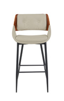 Indoor Cream Vinyl Armed Barstool with Button-Tufted Back and Walnut Veneer Outer Back, Black Metal Frame