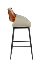Indoor Cream Vinyl Armed Barstool with Button-Tufted Back and Walnut Veneer Outer Back, Black Metal Frame