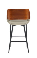 Indoor Cream Vinyl Armed Barstool with Button-Tufted Back and Walnut Veneer Outer Back, Black Metal Frame