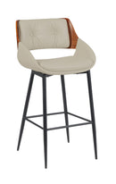 Indoor Cream Vinyl Armed Barstool with Button-Tufted Back and Walnut Veneer Outer Back, Black Metal Frame