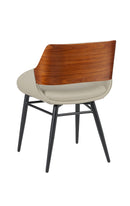 Indoor Cream Vinyl Dining Armchair with Button-Tufted Back and Walnut Veneer Outer Back, Black Metal Frame