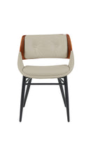 Indoor Cream Vinyl Dining Armchair with Button-Tufted Back and Walnut Veneer Outer Back, Black Metal Frame