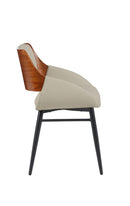 Indoor Cream Vinyl Dining Armchair with Button-Tufted Back and Walnut Veneer Outer Back, Black Metal Frame
