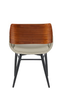 Indoor Cream Vinyl Dining Armchair with Button-Tufted Back and Walnut Veneer Outer Back, Black Metal Frame