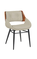 Indoor Cream Vinyl Dining Armchair with Button-Tufted Back and Walnut Veneer Outer Back, Black Metal Frame