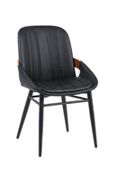 Indoor Black Vinyl Metal Armchair With Vertical Channel-Stitched Back And Walnut Veneer Accent