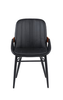 Indoor Black Vinyl Metal Armchair With Vertical Channel-Stitched Back And Walnut Veneer Accent