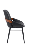 Indoor Black Vinyl Metal Armchair With Vertical Channel-Stitched Back And Walnut Veneer Accent